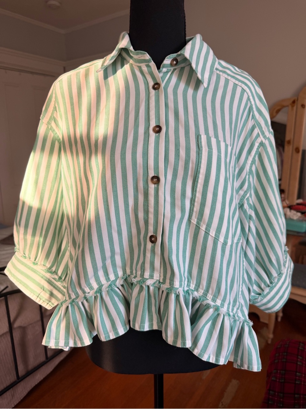Striped Ruffle Hem Button-Front Top - Mint Green - size M - Picture 2 of 10